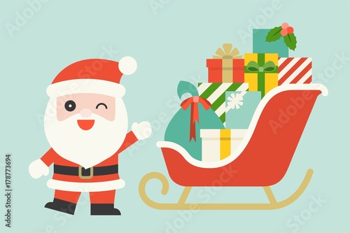 cute Santa Claus with pile of gift boxes on Christmas sleigh, flat design vector © lukpedclub
