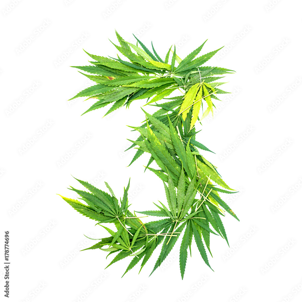 Number three made from green cannabis leaves on a white background. Isolated Number three made from green cannabis leaves on a white background. Isolated