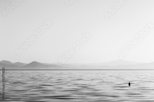 Wide and minimal view of a lake, with a small buoy on the water and distant hills, beneath a big, empty sky photo