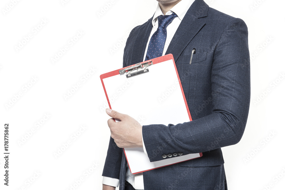 business man standing up with clipboard, paper, pencil at the studio business man standing up with clipboard, paper, pencil at the studio