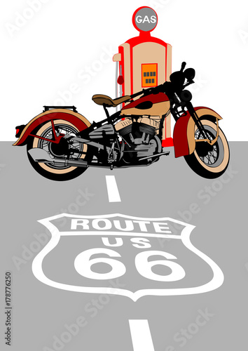 Old motorcycle at a gas station on a white background