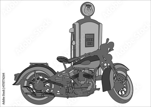Old motorcycle at a gas station on a white background