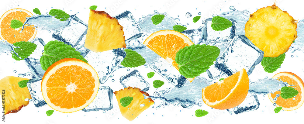 Pineapple and orange splash water and ice cubes isolated Pineapple and orange splash water and ice cubes isolated