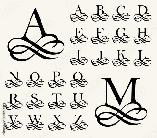 Vintage Set . Capital Letter for Monograms and Logos. Beautiful Filigree Font. Victorian Style.