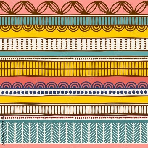 Vector ethnic seamless pattern. Hand drawn tribal striped ornament. Design concept for fashion print, backgrounds, greeting cards, holiday package and wrapping. Purple, green and orange colors.