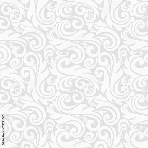 Seamless grey background with white pattern in baroque style. Vector retro illustration. Ideal for printing on fabric or paper.