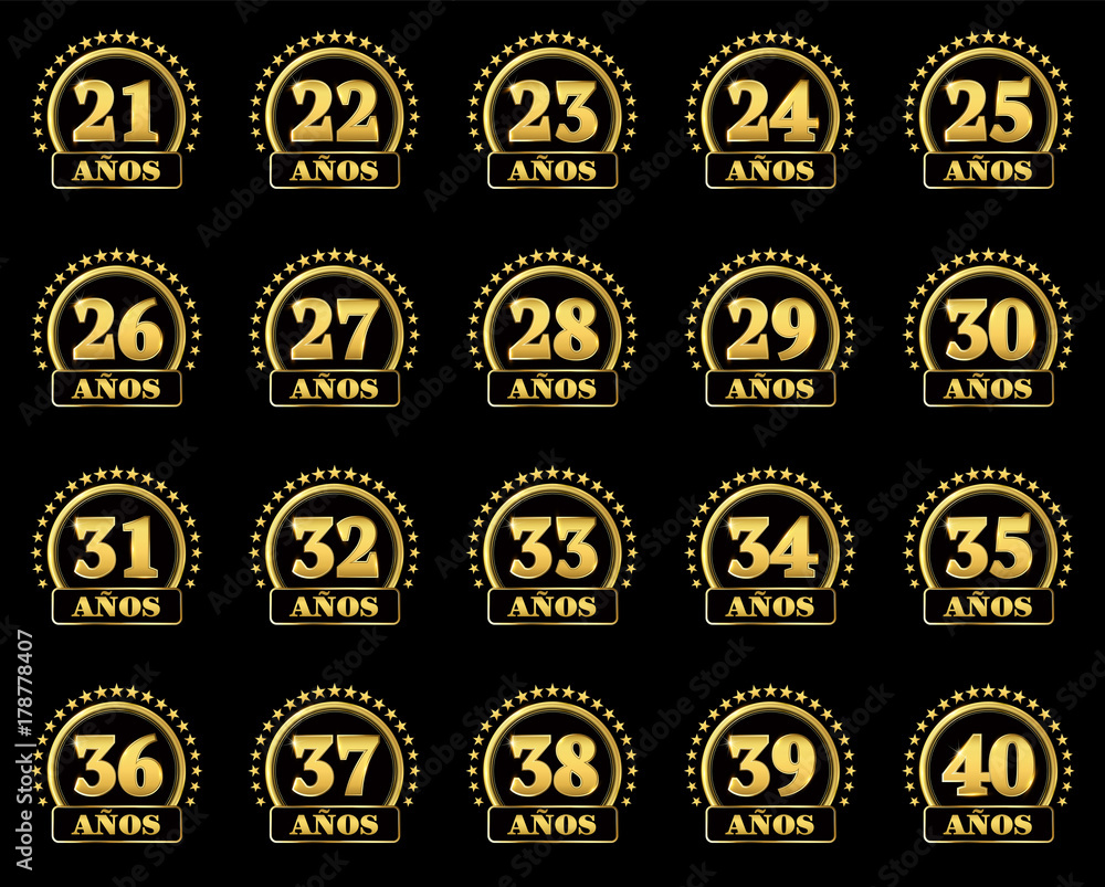 Set of gold numbers from 21 to 40 and the word of the year decorated with a circle of stars. Vector illustration. Translated from Spanish - Years