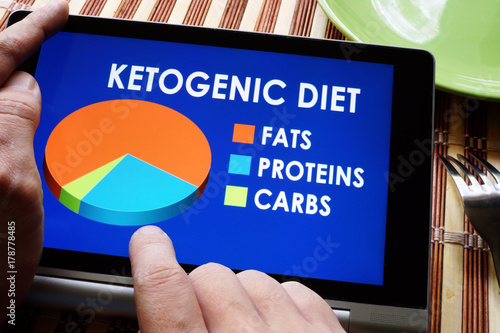 Man holding tablet with meal plan of Keto or Ketogenic diet. photo