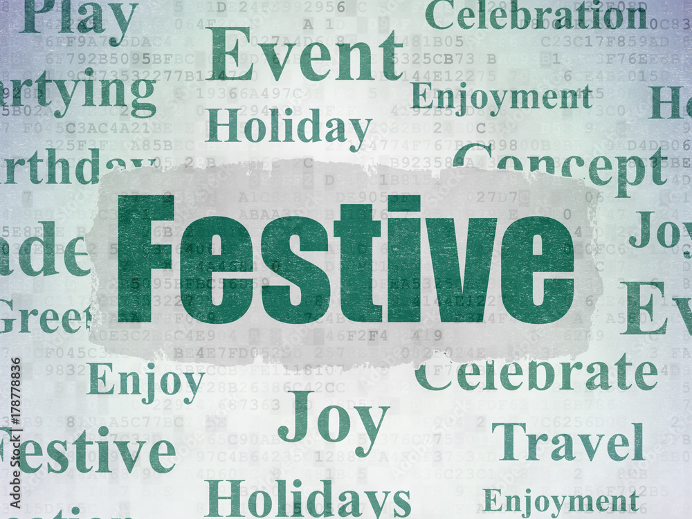 Entertainment, concept: Painted green text Festive on Digital Data Paper background with   Tag Cloud
