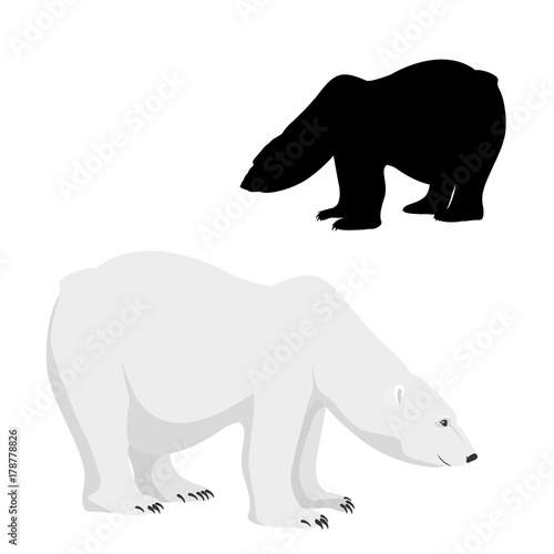 Polar bear hand drawn cartoon style character isolated on white background. Arctic carnivore marine mammal predator. Big adult boar leaning forward, watching, hunting. Black silhouette outline.