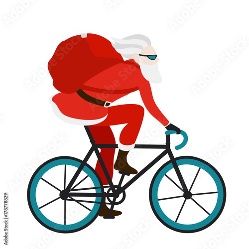 Santa bicycle delivery logistics courier. Bike messenger bearded male character hipster style. Red costume. Backpack bag with gifts presents. Isolated on white background. Christmas New Year time.