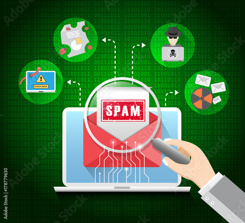Cyber Crime & Spam Concept with e-mail message alert, Spam, Virus, Bug and Error system, vector illustration.