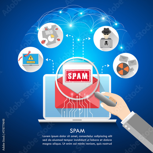 Cyber Crime & Spam Concept with e-mail message alert, Spam, Virus, Bug and Error system, vector illustration.