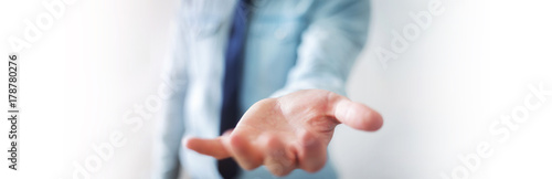 Panorama view of empty businessman hand