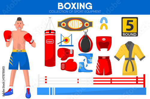 Boxing sport equipment boxer garment accessory vector flat icons set