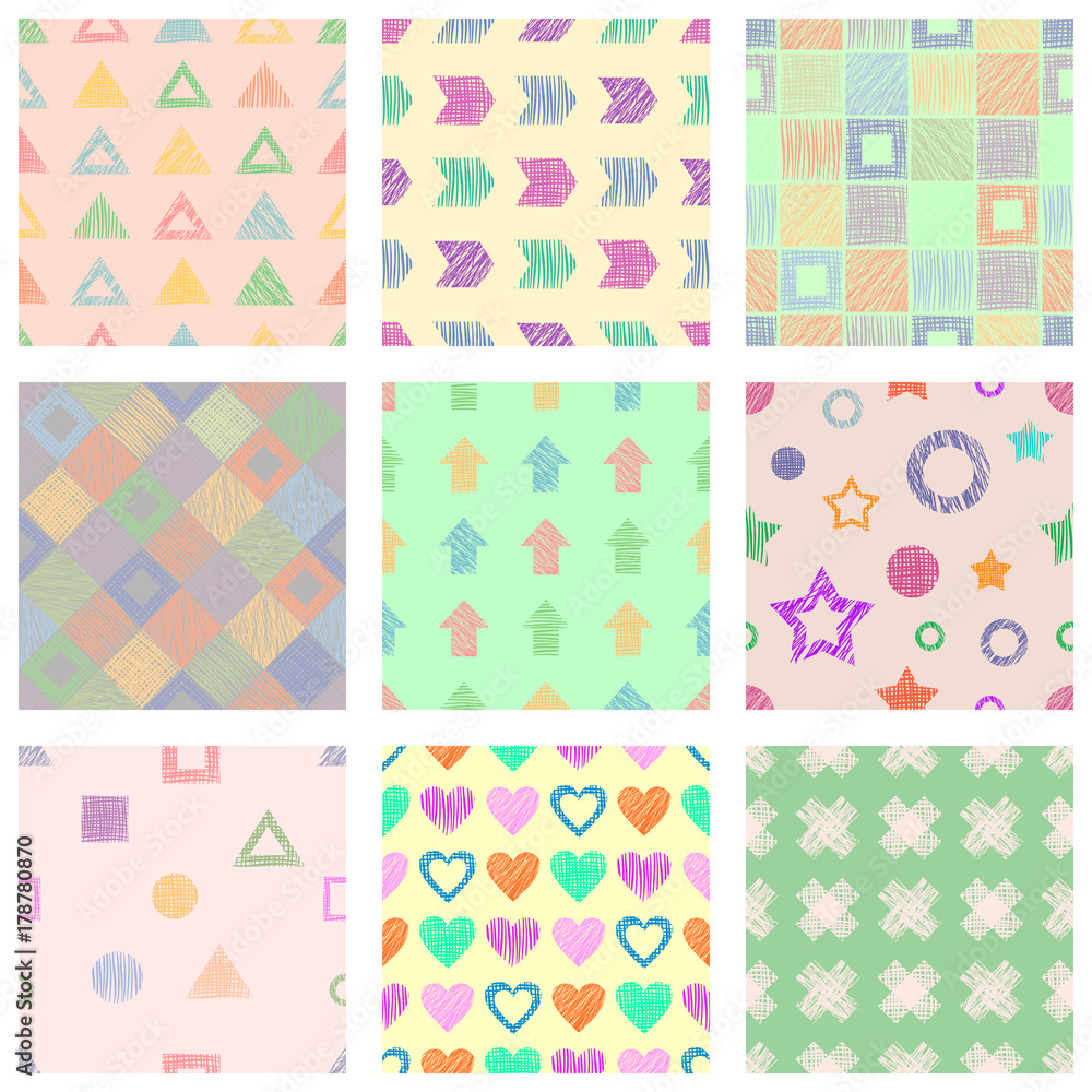 Set of seamless vector geometrical patterns with different geometric figures, forms. pastel endless background with hand drawn textured geometric figures. Graphic vector illustration Set of seamless vector geometrical patterns with different geometric figures, forms. pastel endless background with hand drawn textured geometric figures. Graphic vector illustration