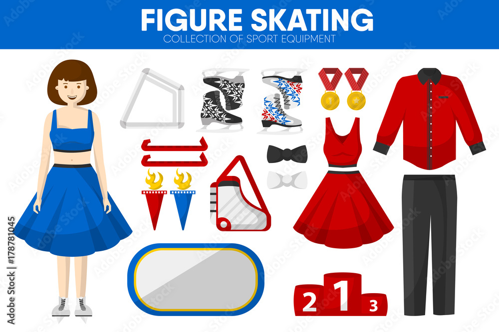 Figure skating sport equipment skater clothing garment accessory vector icons set