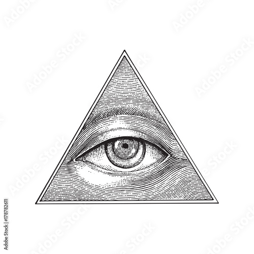 Pyramid of eye hand drawing engraving style