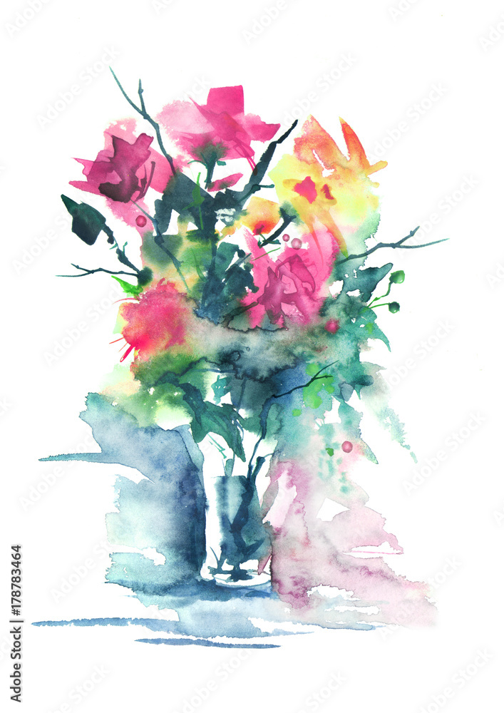 Obraz Malarstwo akwarelowe. Bukiet kwiatów róż. Czerwone, żółte, różowe kwiaty, zielone liście, łodygi, jagody. Kwiaty w wazonie z wodą. Piękny wzór vintage.