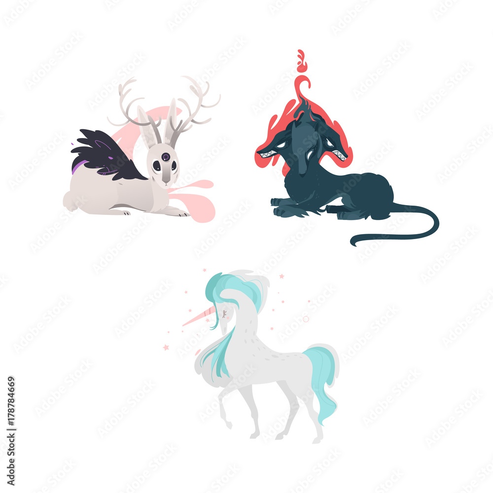 Photography vector flat mythical animals set