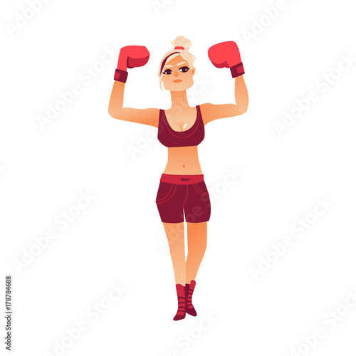 vector cartoon stylized brutal muscular strong beautiful woman, girl in boxing stand with red box gloves smiling raising hands up like winner. Isolated illustration on a white background.