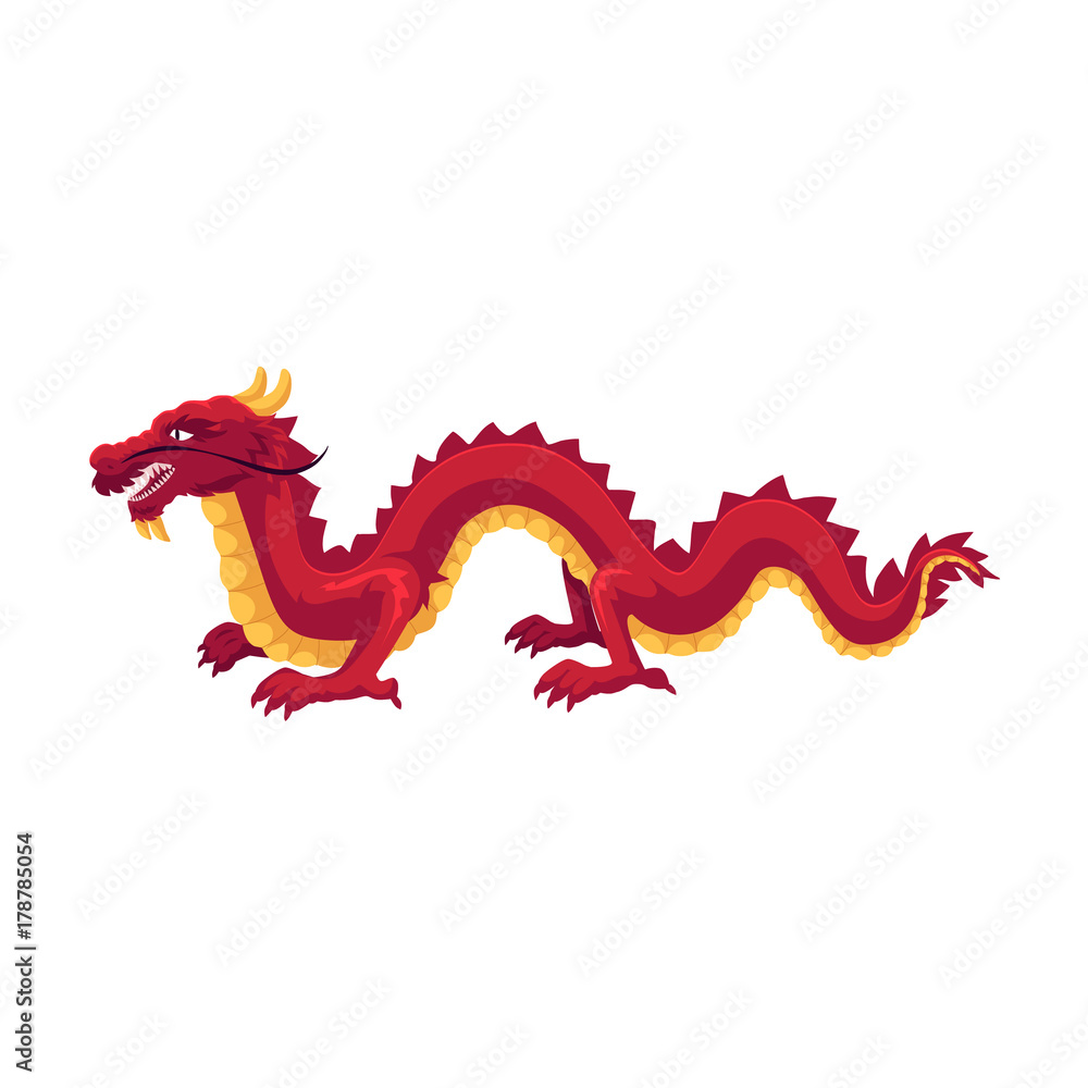 Chinese, Japanese red dragon standing on four paws, cartoon vector illustration isolated on white background. Traditional Japanese, Chinese, Asian red dragon