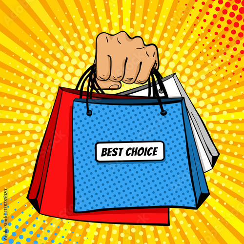 Pop art background with male hand holding shopping bags with Best Choice lettering . Vector colorful hand drawn illustration in retro comic style. Sale poster template.