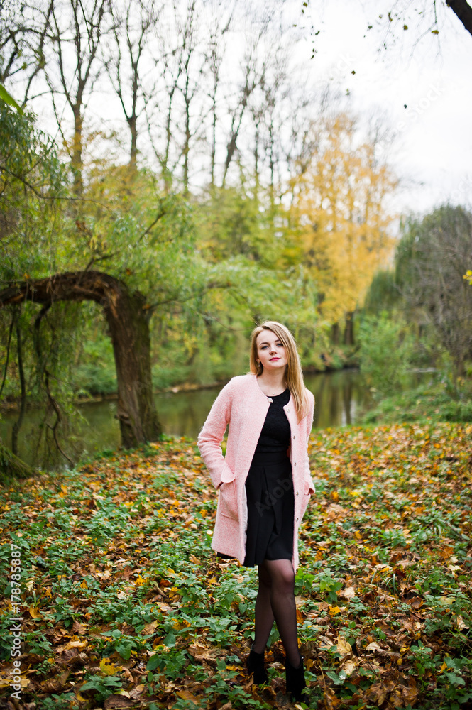Young blonde girl at pink coat posed on autumn park. Young blonde girl at pink coat posed on autumn park.