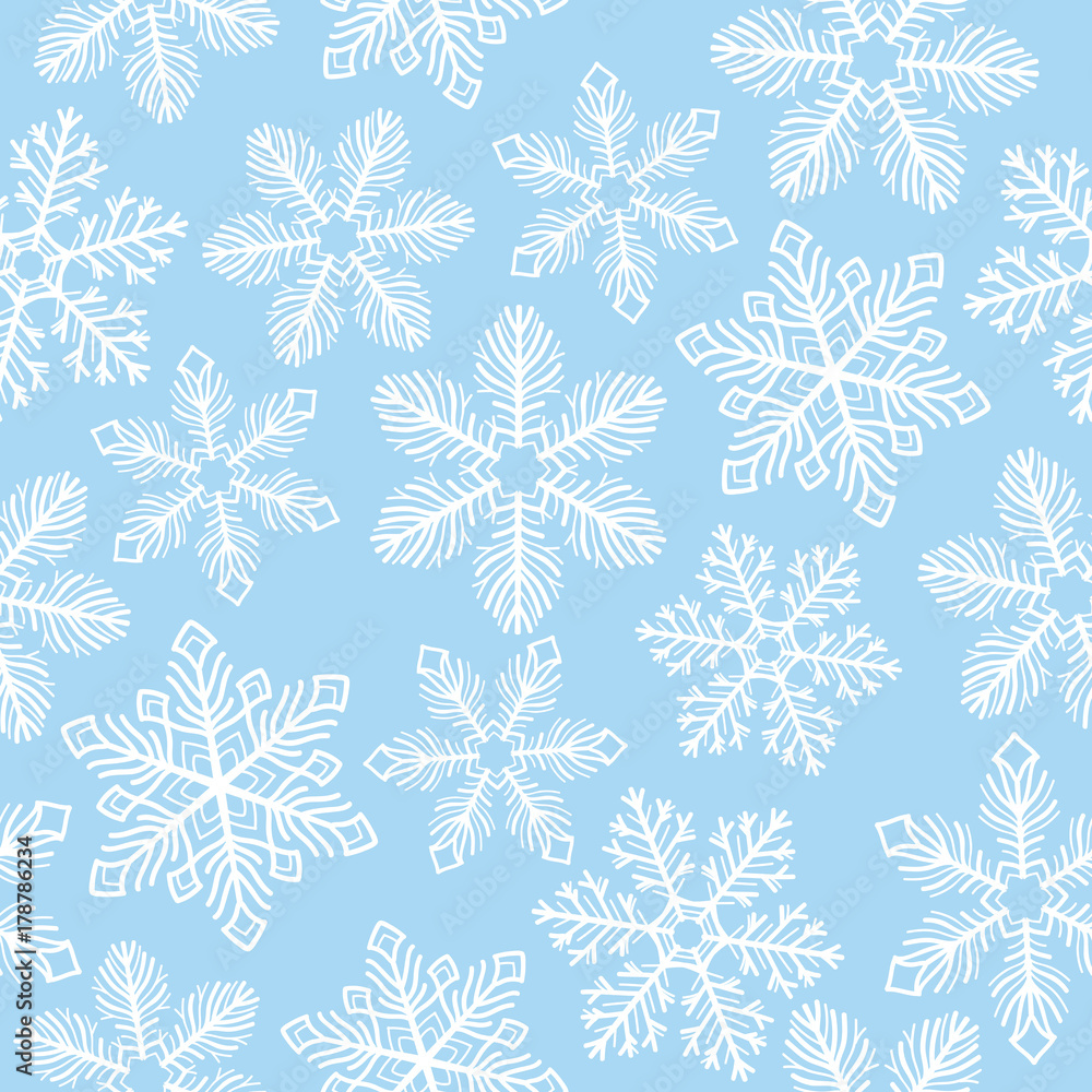 Snowflakes pattern. Seamless pattern with fluffy white snowflakes on blue background. Snowflakes pattern. Seamless pattern with fluffy white snowflakes on blue background.