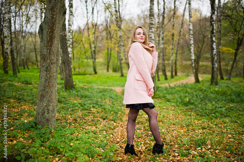 Young blonde girl at pink coat posed on autumn park.