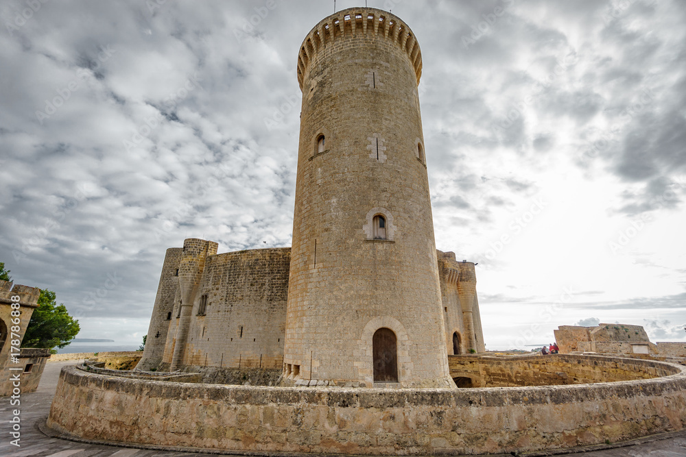 Bellver Castle in Majorca with tower, wide angle bottom view