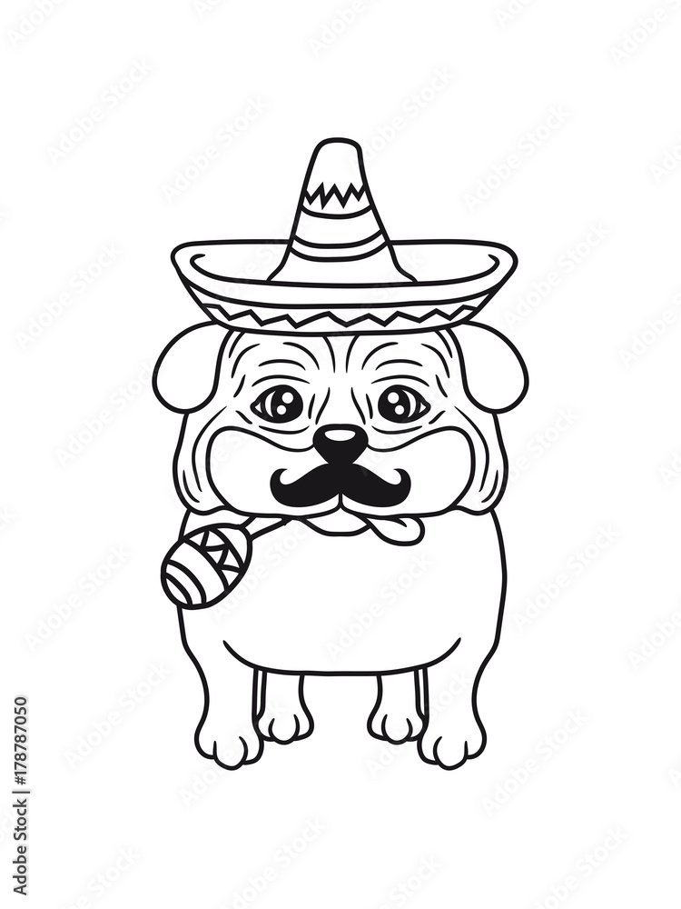 mustache schnurrbart sombrero mexikaner rassel musik hut mütze südamerika party feiern mops klein dick hund welpe süß niedlich haustier comic cartoon