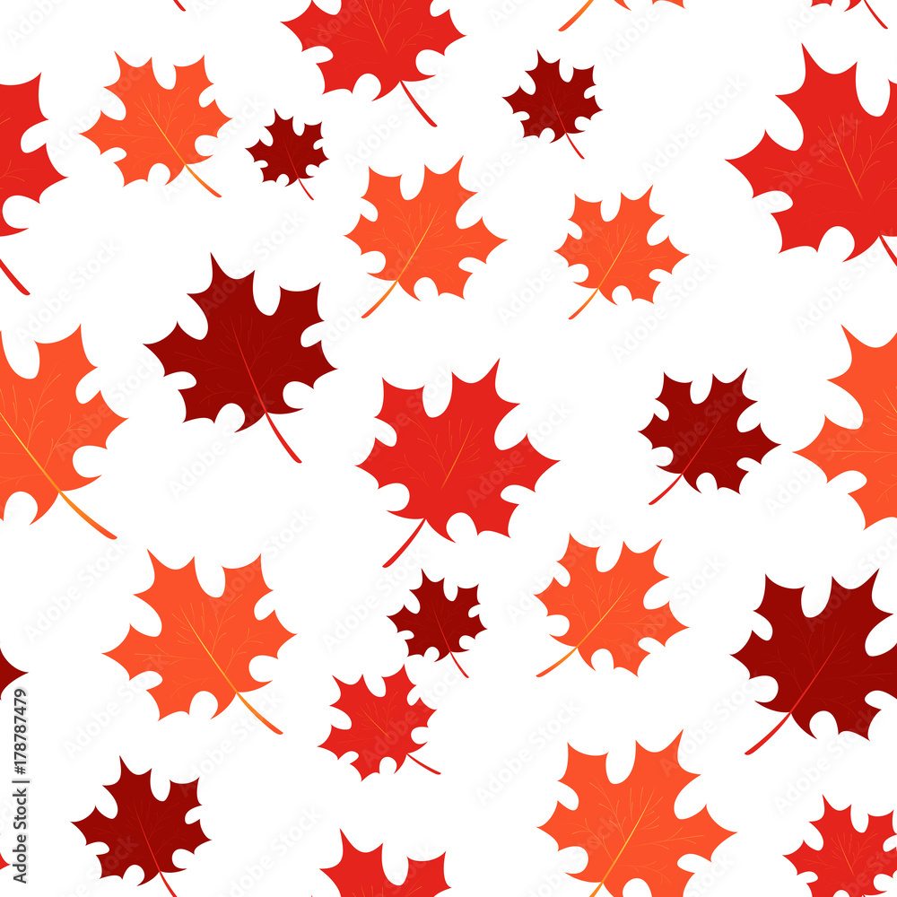 Chaotic maple leaves pattern in red and orange colors. Vector autumn seamless background. EPS10. Can be used as print on clothes, wrapping paper, web, design banners. Chaotic maple leaves pattern in red and orange colors. Vector autumn seamless background. EPS10. Can be used as print on clothes, wrapping paper, web, design banners.