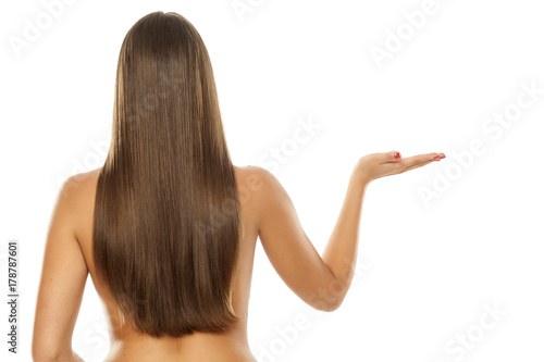 woman with long hair advertises imaginary product