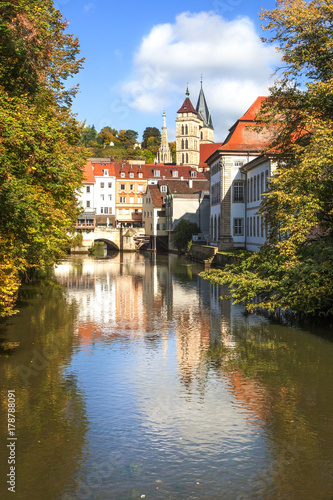 Esslingen Germany view from maille bridge to Innere Brücke and Stadtkirche