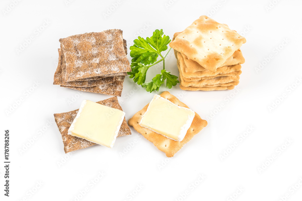 Dry cracker cookies with white background