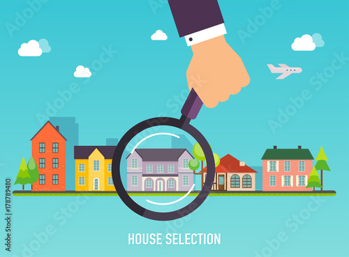 House selection. Magnifying glass with house. Concept for web banners, websites, infographics.