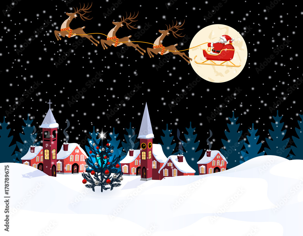 New Year Christmas. An image of Santa Claus and deers. Winter city on the eve of the New Year. Snow, moon, decorated Christmas tree. illustration