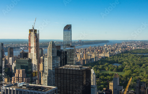 Aerial view of Central Park and Times Square, New York CIty at sunset. Landscape of NYC