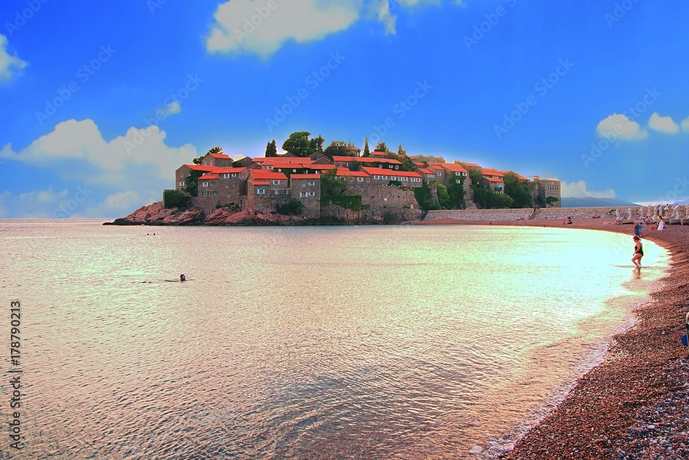 Beautiful view of the island-resort of St. Stefan (Sveti Stefan) on the Budva Riviera, Budva, Montenegro. Beautiful view of the island-resort of St. Stefan (Sveti Stefan) on the Budva Riviera, Budva, Montenegro.