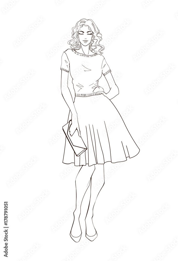 Line art: Girl with handbag. Closed eyes. Vector illustration for book coloring. Line art: Girl with handbag. Closed eyes. Vector illustration for book coloring.