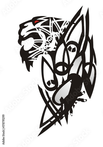 Fototapeta Naklejka Na Ścianę i Meble -  Tribal tiger head pattern. Tattoo of the growling tiger with peaked elements