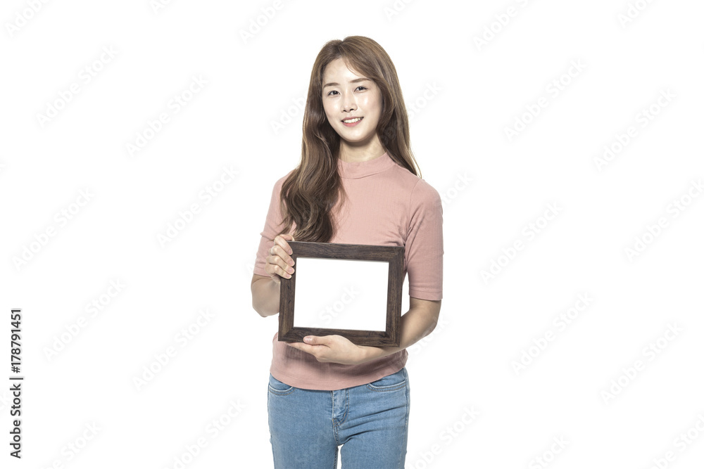 beautiful asian woman hand hold a photo frame isolated white beautiful asian woman hand hold a photo frame isolated white