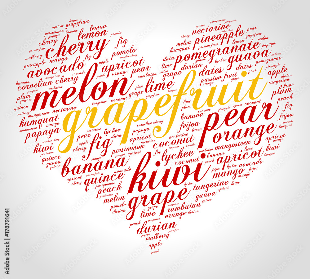 Grapefruit. Word cloud in shape of heart, italic font, grey gradient