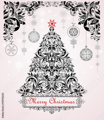 Vintage christmas black and white greeting card with xmas tree and floral decoration