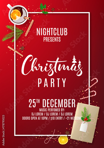 Merry Christmas Party Flyer. Top view on Festive Decoration. Holiday Composition with Paper Gift Box and Confetti on Red Backdrop. Greeting Card. Vector Illustration.