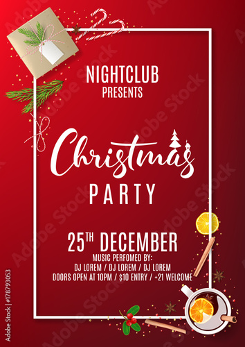 Invitation Poster to Christmas Party. Holiday Composition with Paper Gift Box and Confetti on Red Backdrop. Greeting Card with Festive Decoration. Vector Illustration.