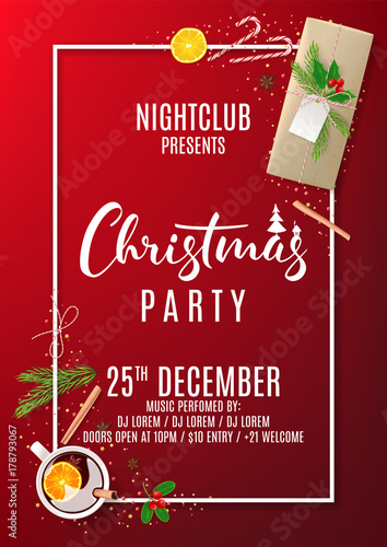 Promo Invitation to Merry Christmas Party. Holiday Composition with Paper Gift Box and Confetti on Red Backdrop. Greeting Card with Festive Decoration. Vector Illustration.