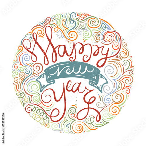 Happy New Year and Merry Christmas large postcard with calligraphic text on pattern background.