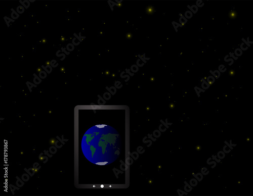 Erde im Smartphone vor Sternen